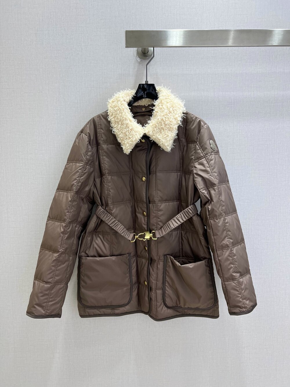 Moncler Belted Shearling Collar Grid‑Quilted Down Jacket Brown